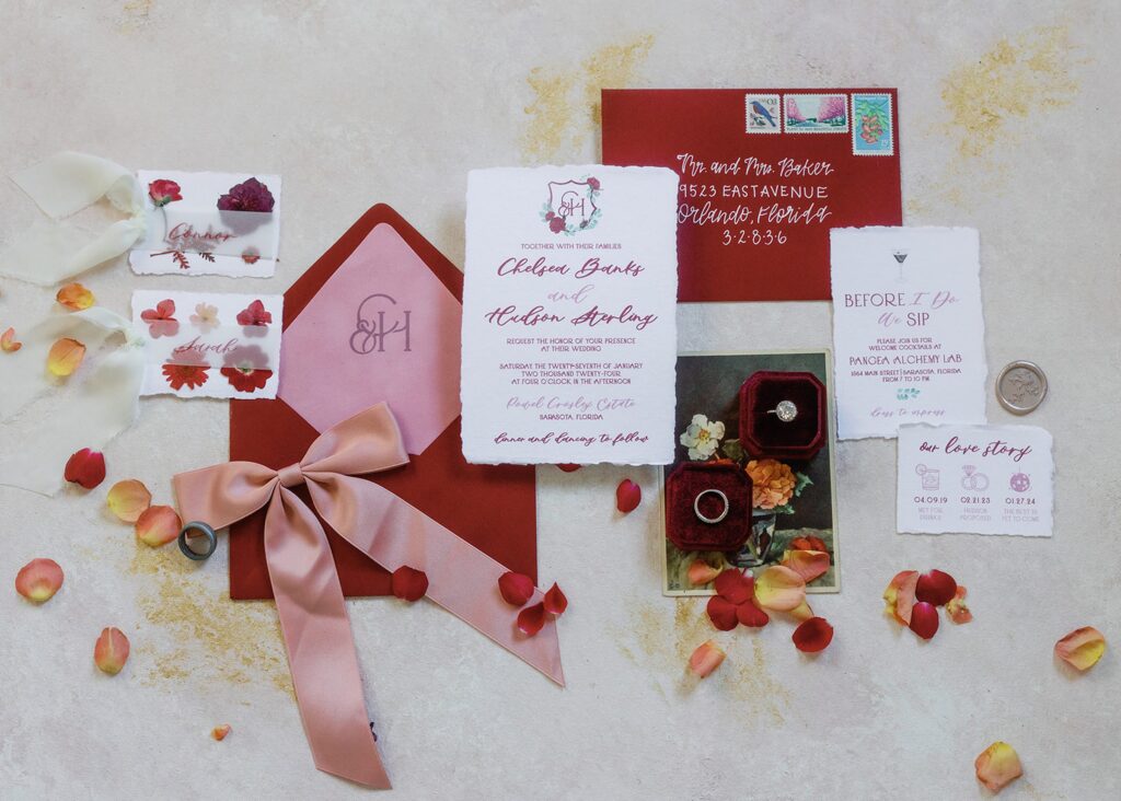 Pink and feminine invitation suite for Sarasota estate wedding