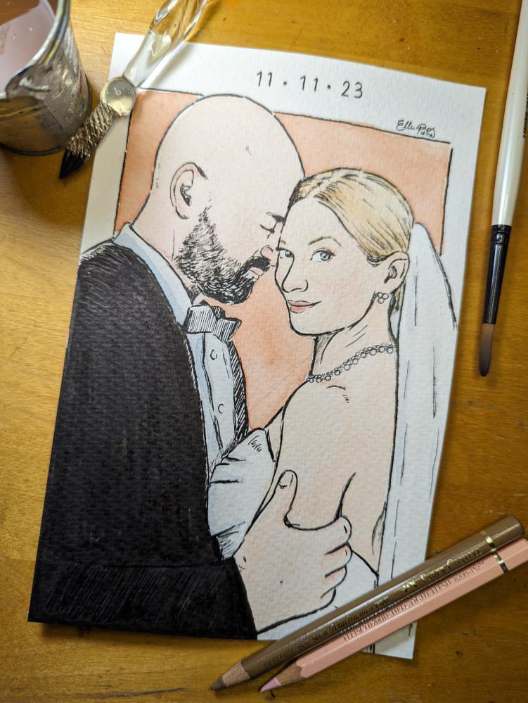 Illustration of bride and groom for a wedding in Sarasota by Ella Pena